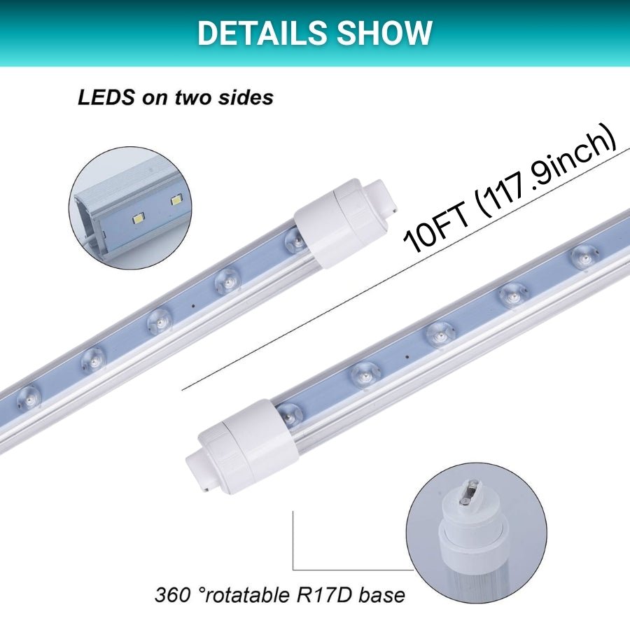 10ft LED Tube Lights, 55W T8 Double-Sided, 6500K Cool White, R17D Rotatable Base, Waterproof Design, Ballast Bypass – Ideal for Bus Stops, Shopping Marts, and Hotels