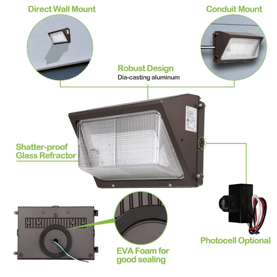 LED Wall Pack Light, 120W, 15,600 Lumens, 5700K Daylight, Replaces 400W MH, Photocell Optional, IP65 Rated, DLC Listed, Commercial Outdoor Lighting, 100-277V, 5-Year Warranty