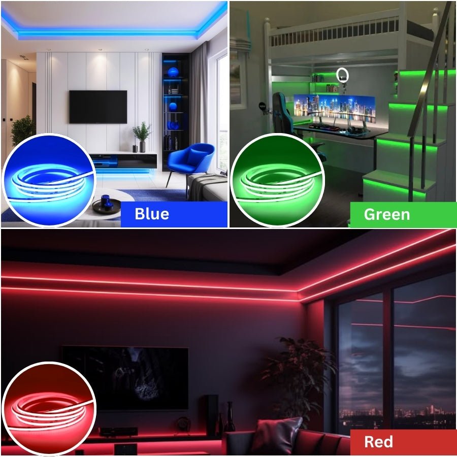 12V COB LED Strip Light RGB 16ft/5m 840 LEDs/m, 65,000 Hour Lifespan, Color Changing, Dot-Free Indoor Tape Light for Gaming Setup, Desk, Mirror, Bed Frame, Accent Walls - Flexible, Cuttable (LED Only, No Power Supply Included) - UL Listed