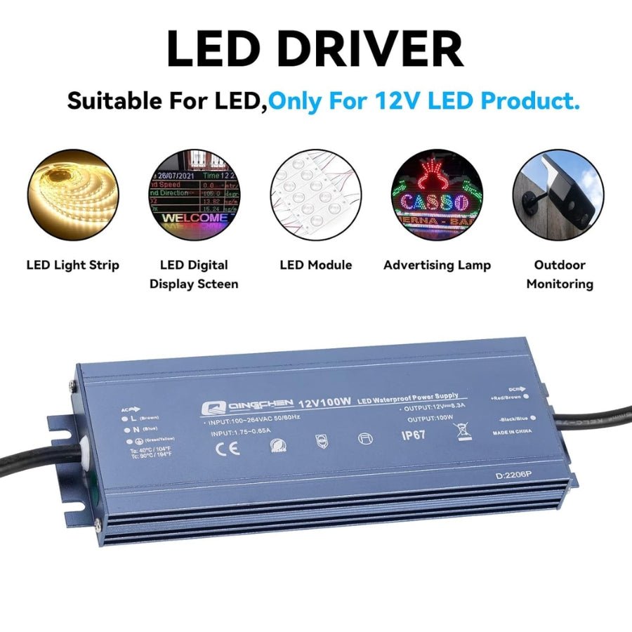 12V LED Driver Power Supply 100W - Waterproof IP67 Outdoor Transformer with Plug, AC 100-264V to DC 12V 8.3A Constant Voltage for LED Strip Lights and Outdoor Lighting