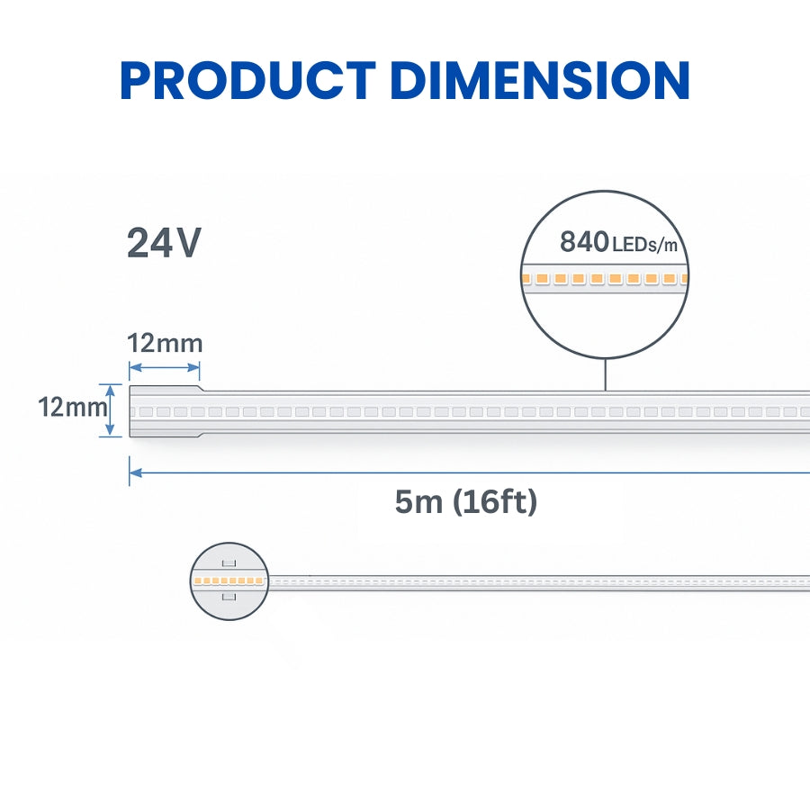 Waterproof RGB COB LED Strip Light 16.4FT (5M) - 24V Dot-Free Seamless Glow, 840 LEDs/m, Color Changing, IP68 Outdoor/Indoor, UL Listed, 10mm, Dimmable, CRI 80+, 50,000 Hrs Lifespan