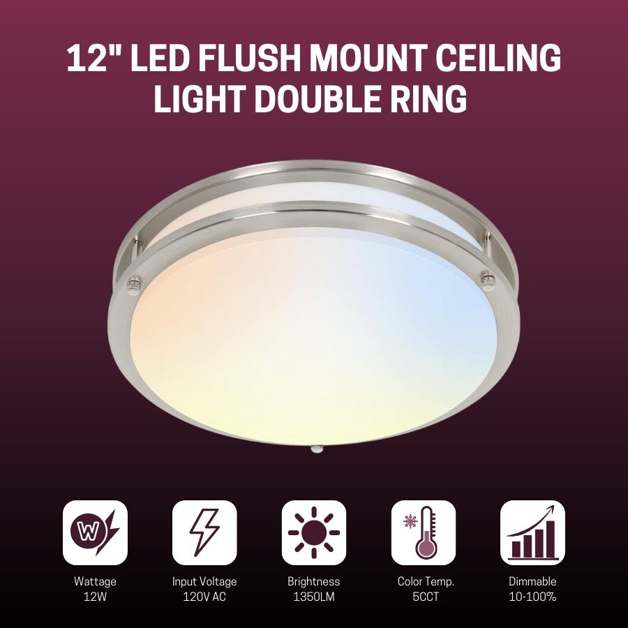 12 inch Dimmable LED Flush Mount Ceiling Light Fixture, Brushed Nickel, 16W, 1350LM, 2.7K/3.5K/4K/5K/6.5K Adjustbale, 120deg Light Angle, CRI80, Ceiling Lamp for Bedroom, Kitchen, Office, ETL Listed