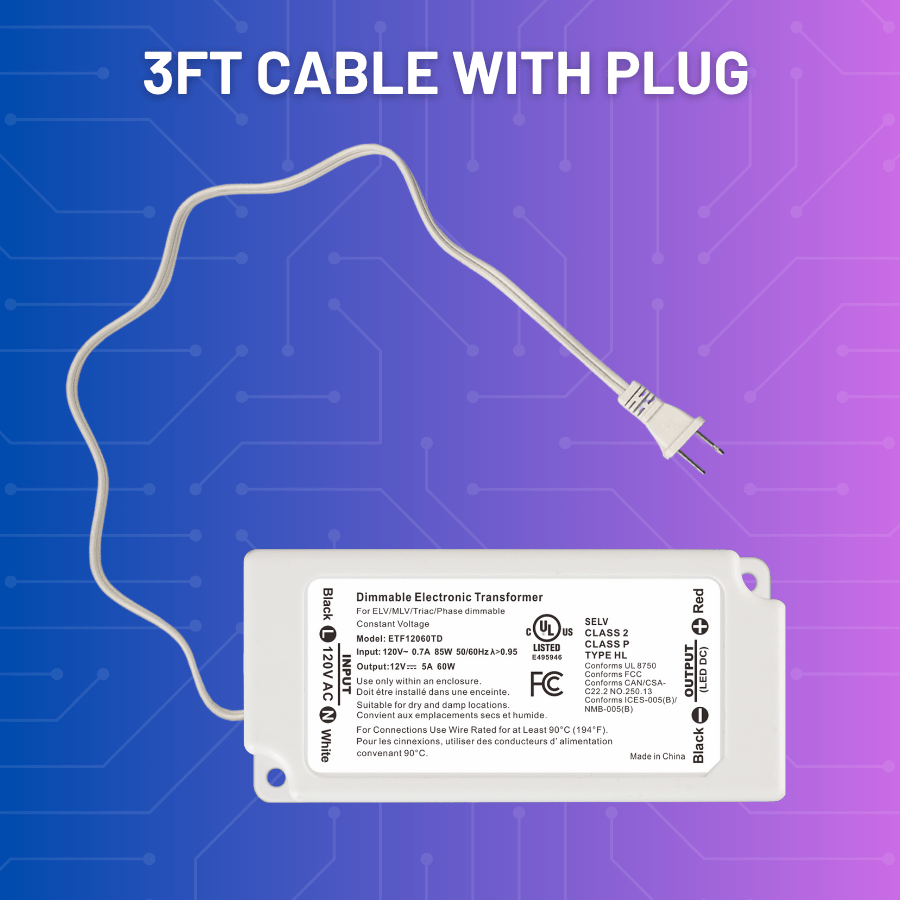 Dimmable LED Driver 12V 60W - UL Listed Power Supply, 120V AC to 12V DC Electronic Transformer for LED Strip Lights, Low Voltage Lighting