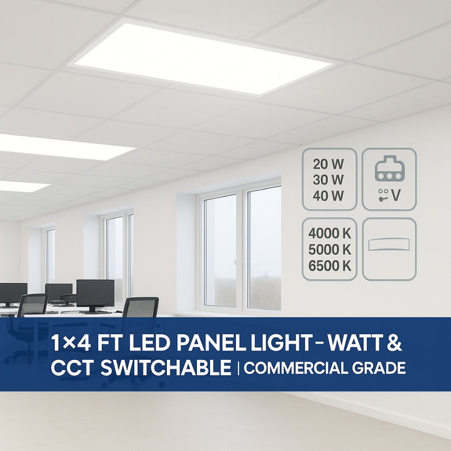1×4 FT LED Flat Panel Light, 20W/30W/40W Wattage Adjustable, CCT Changeable 4000K/5000K/6500K, 0–10V Dimmable, 120–277V, 5000 Lumens, Recessed or Surface Mount Ceiling Panel, DLC & ETL Listed – 5 Year Warranty