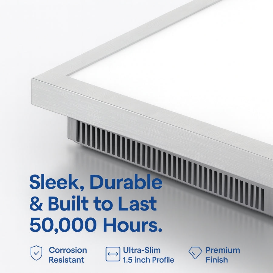 1×4 FT LED Flat Panel Light, 20W/30W/40W Wattage Adjustable, CCT Changeable 4000K/5000K/6500K, 0–10V Dimmable, 120–277V, 5000 Lumens, Recessed or Surface Mount Ceiling Panel, DLC & ETL Listed – 5 Year Warranty