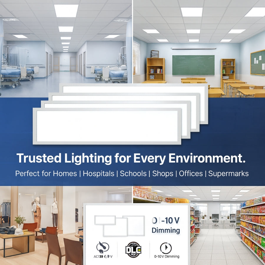 1×4 FT LED Flat Panel Light, 20W/30W/40W Wattage Adjustable, CCT Changeable 4000K/5000K/6500K, 0–10V Dimmable, 120–277V, 5000 Lumens, Recessed or Surface Mount Ceiling Panel, DLC & ETL Listed – 5 Year Warranty