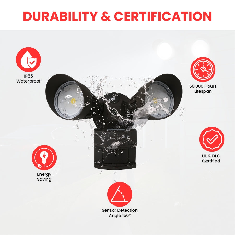 20W LED Motion Security Light, Double Heads, 5000K Daylight, Motion Activated Outdoor Floodlight, IP65 Waterproof, UL DLC Listed