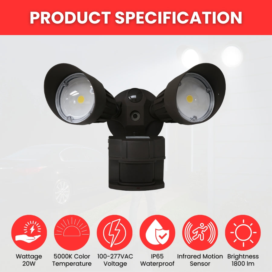 20W LED Motion Security Light, Double Heads, 5000K Daylight, Motion Activated Outdoor Floodlight, IP65 Waterproof, UL DLC Listed