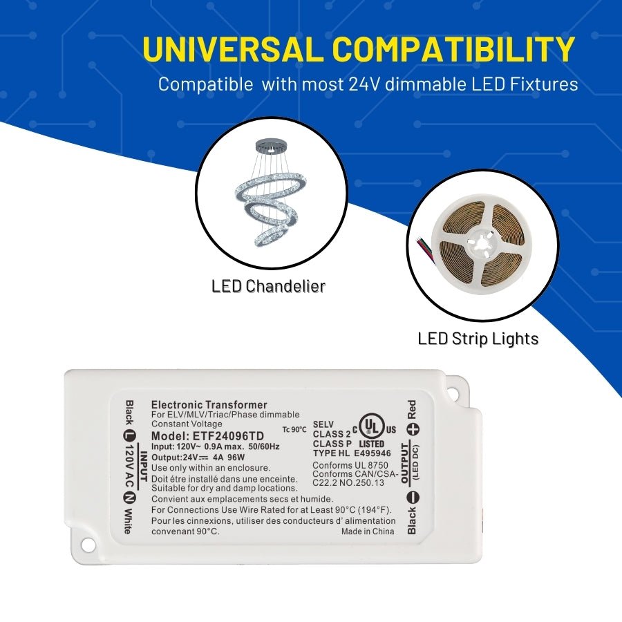 96W 24V Dimmable LED Driver - UL Listed Class 2 Power Supply, 120V AC to 24V DC Transformer, Triac/ELV Dimmable, Short Circuit & Overload Protection, for LED Strip Lights, Low Voltage Lighting