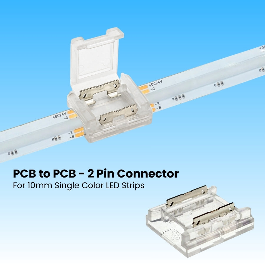PCB-to-PCB 2-Pin Solderless Connectors for 10mm Single Color LED Strip Lights - CE Certified, IP20, 4A Rated, Easy Snap-On, Seamless End-to-End Connection