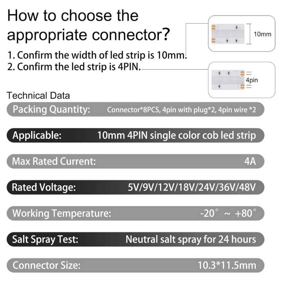 4PIN Transparent COB Connectors Kit for RGB COB LED Strip Lights - 10mm, Solderless Connection, 5pcs 15cm Wires