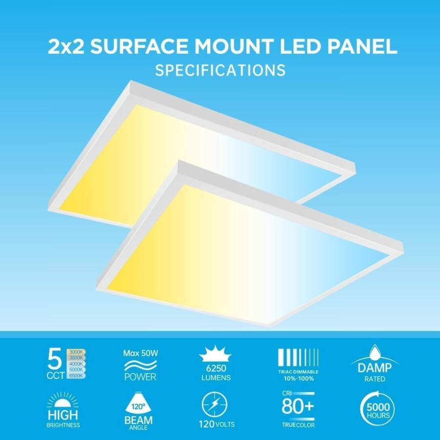 2x2FT LED Flat Panel Light Surface Mount Ceiling Light, 5CCT 3000K/3500K/4000K/5000K/6500K 120V TRIAC Dimmable, 50W 6250Lumens, Flush Mount or Drop Ceiling for Office, Kitchen Garage, 2 Pack
