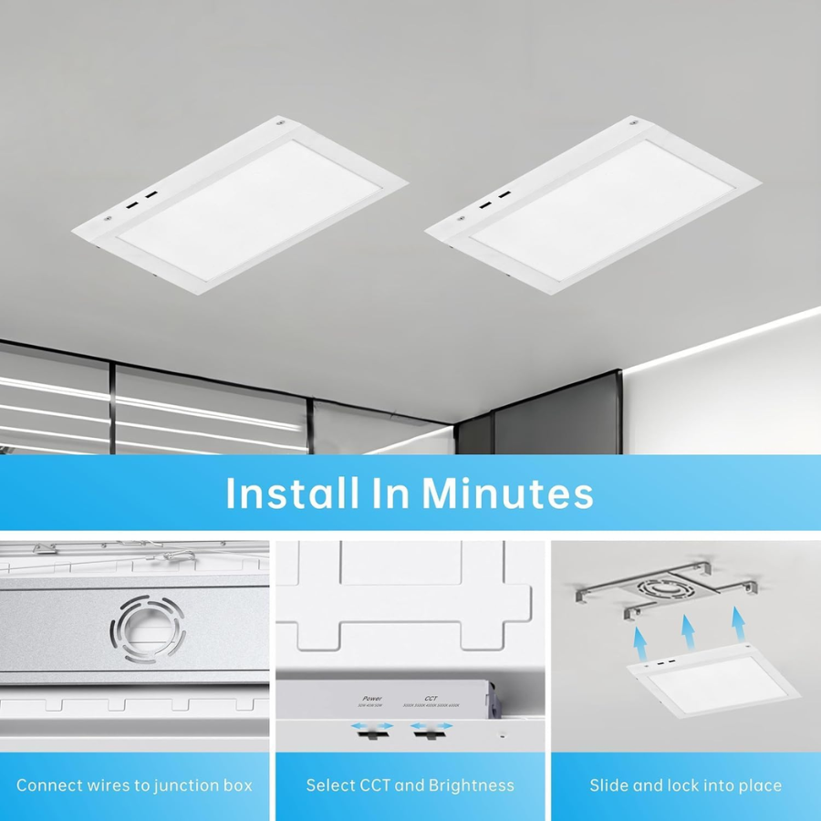 2x2FT LED Flat Panel Light Surface Mount Ceiling Light, 5CCT 3000K/3500K/4000K/5000K/6500K 120V TRIAC Dimmable, 50W 6250Lumens, Flush Mount or Drop Ceiling for Office, Kitchen Garage, 2 Pack