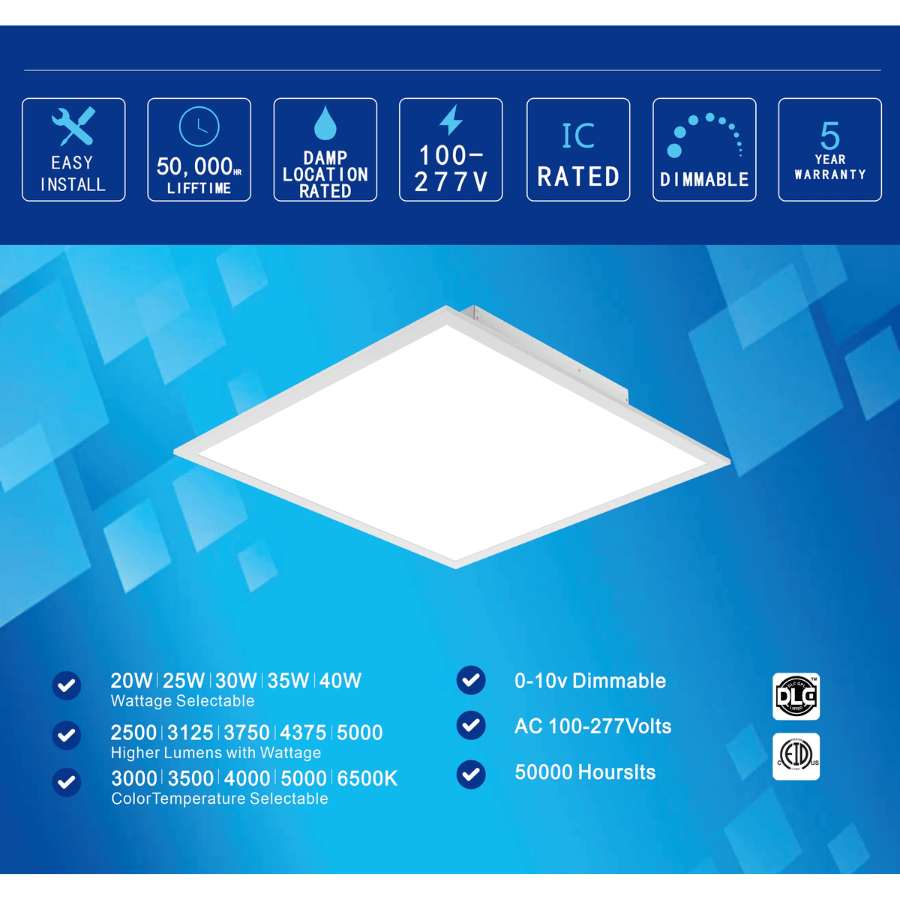 2x2 LED Flat Panel Light, 20W-40W Selectable, 5CCT 3000K-6500K, Dimmable Drop Ceiling Lights, 2500-5000 Lumens, ETL DLC Listed