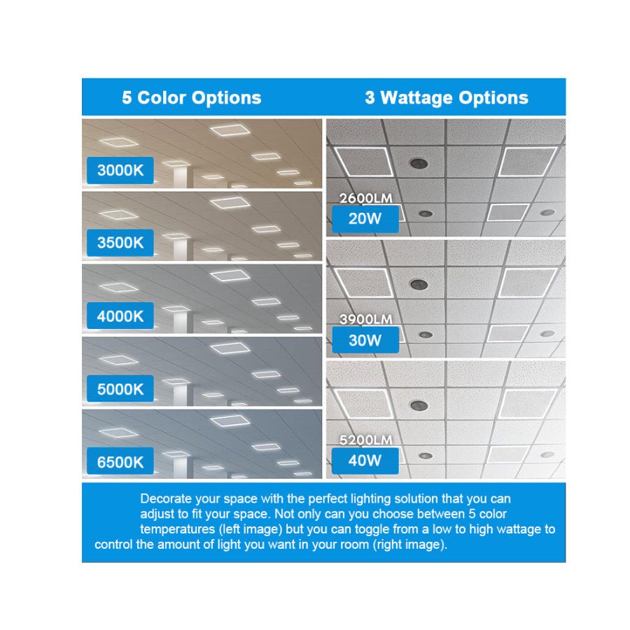 2x2 LED Panel Light – Edge-Lit Frame, 5CCT Selectable 3000K-6500K, 20W/30W/40W, 2600-5200LM, 0-10V Dimmable Drop Ceiling Lights, ETL Listed (6 Pack)