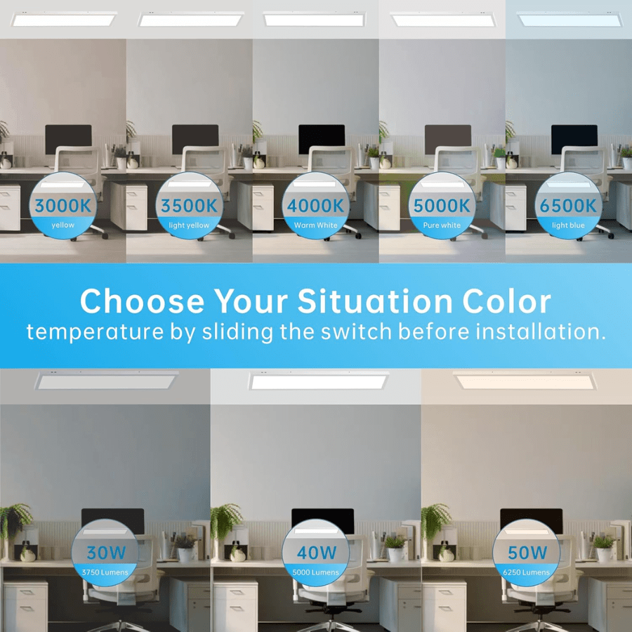 2x4 LED Flat Panel Light Surface Mount – 30W/40W/50W, 6250 Lumens, 120V, 5CCT 3000K/3500K/4000K/5000K/6500K, Dimmable Drop Ceiling Fixture for Office, Kitchen, Garage - 2 Pack