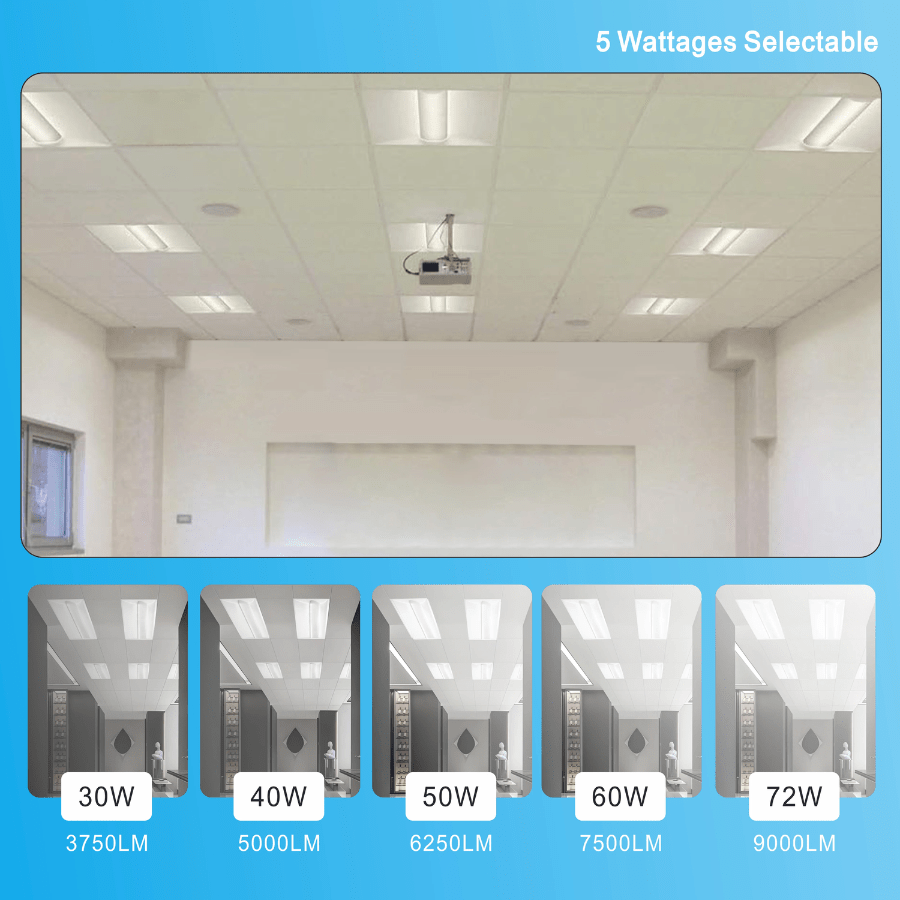 2x4 LED Troffer Lights - Architecturally Designed 3D Light Panels, 30W/40W/50W/60W/72W Selectable, 3000K/3500K/4000K/5000K/6500K CCT, 3750-9000LM, 0-10V Dim, DLC Premium, Damp Rated, 100-277V, Commercial Ceiling Lights