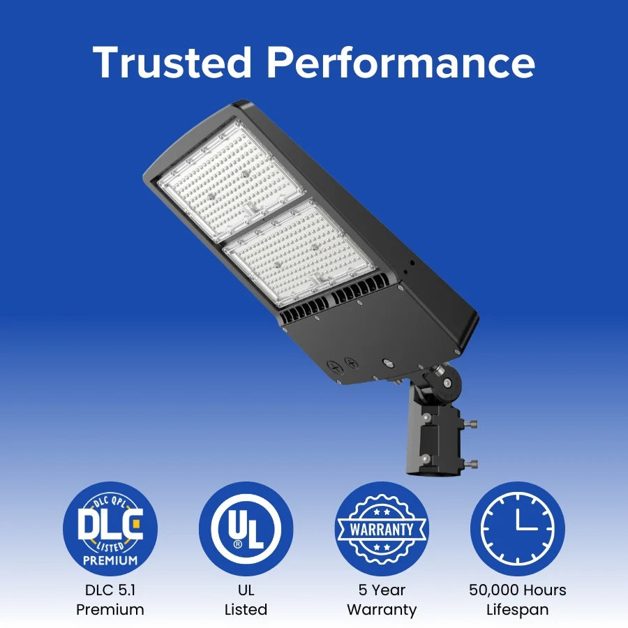 300W LED Parking Lot Light, 1000W Metal Halide Equivalent, 40,500 Lumens, 5000K Cool White, Type III-M Distribution, Dimmable 1-10V, IP65 Waterproof, Bronze Housing, Inbuild Photocell, DLC 5.1 Premium, 120-277V, 5-Year Warranty