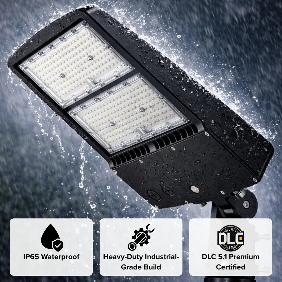 300W LED Parking Lot Light, 1000W Metal Halide Equivalent, 40,500 Lumens, 5000K Cool White, Type III-M Distribution, Dimmable 1-10V, IP65 Waterproof, Bronze Housing, Inbuild Photocell, DLC 5.1 Premium, 120-277V, 5-Year Warranty