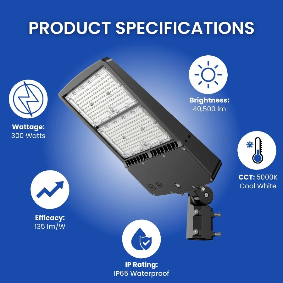 300W LED Parking Lot Light, 1000W Metal Halide Equivalent, 40,500 Lumens, 5000K Cool White, Type III-M Distribution, Dimmable 1-10V, IP65 Waterproof, Bronze Housing, Inbuild Photocell, DLC 5.1 Premium, 120-277V, 5-Year Warranty