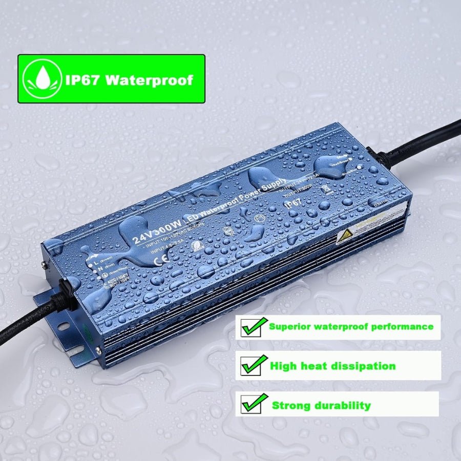 24V LED Driver 300W Waterproof IP67 Outdoor Power Supply - Transformer Adapter AC100V-130V to DC24V 12.5A, 3 Pin Plug for LED Strips, Signage, Landscape Lights