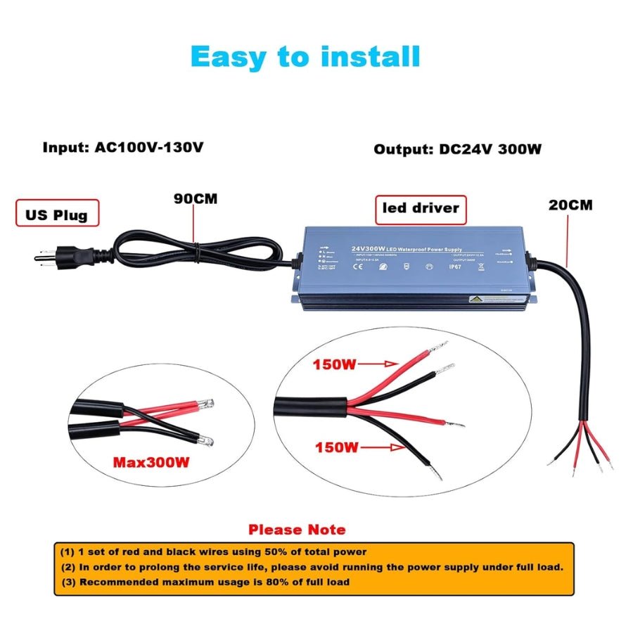 24V LED Driver 300W Waterproof IP67 Outdoor Power Supply - Transformer Adapter AC100V-130V to DC24V 12.5A, 3 Pin Plug for LED Strips, Signage, Landscape Lights