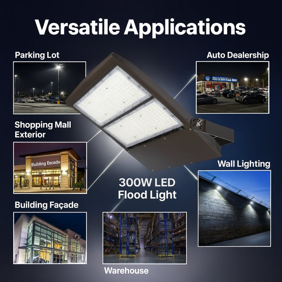 300W LED Area Flood Light – 40,500 Lumens, 5000K Cool White, Type V Distribution, 1000W Metal Halide Equivalent, Yoke Mount, IP65 Waterproof, DLC Premium, UL Certified, Dimmable 0-10V, 50,000 Hrs, 5-Year Warranty