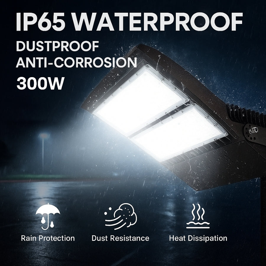 300W LED Area Flood Light – 40,500 Lumens, 5000K Cool White, Type V Distribution, 1000W Metal Halide Equivalent, Yoke Mount, IP65 Waterproof, DLC Premium, UL Certified, Dimmable 0-10V, 50,000 Hrs, 5-Year Warranty