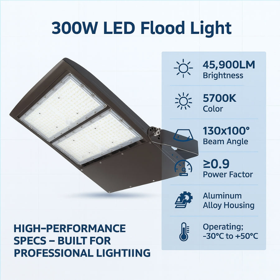 300W LED Area Flood Light – 40,500 Lumens, 5000K Cool White, Type V Distribution, 1000W Metal Halide Equivalent, Yoke Mount, IP65 Waterproof, DLC Premium, UL Certified, Dimmable 0-10V, 50,000 Hrs, 5-Year Warranty
