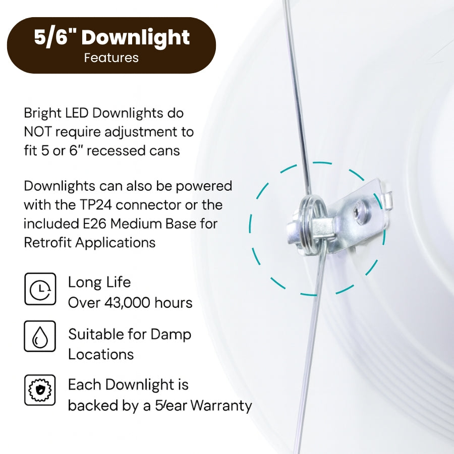 6" LED Retrofit Recessed Downlight, 15W (120W Equivalent), 1100 Lumens, 5CCT Selectable (2700K/3000K/3500K/4000K/5000K), Dimmable, ETL & Energy Star Listed