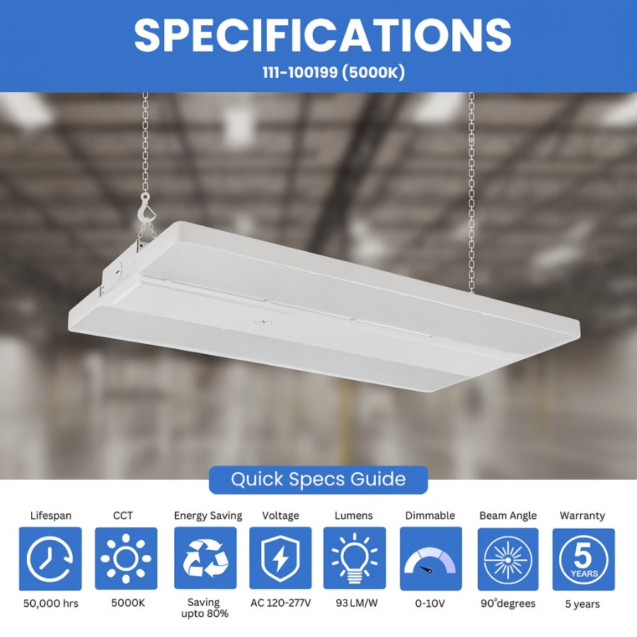 4FT LED Linear High Bay Light, 320W, 29,000 Lumens, 5000K Cool White, Frosted Lens, Chain Mount, Damp Rated IP20, 120-277V, UL/DLC Listed