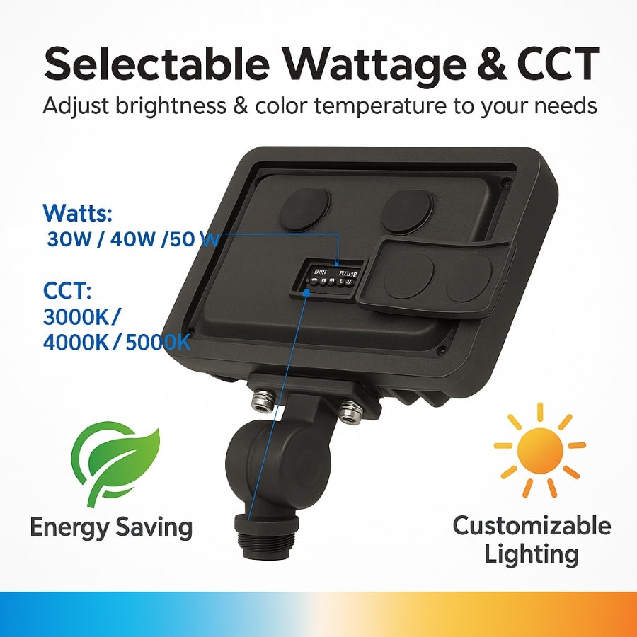 LED Flood Light – Knuckle Mount, Selectable Wattage (30W/40W/50W) & CCT (3000K/4000K/5000K), 7,250 lm, 200W MH Equivalent, IP65 Waterproof, Integrated Photocell, UL/DLC Certified, Dimmable 0-10V, 50,000 Hrs, 5-Year Warranty