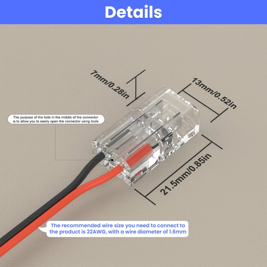 8mm Connectors for 2-Pin COB LED Strip, Strip-to-Wire Connectors,Solderless Extension Connectors for 5V/9V/12V/24V Single Color COB LED Strip Lights,for DIY Lighting Projects
