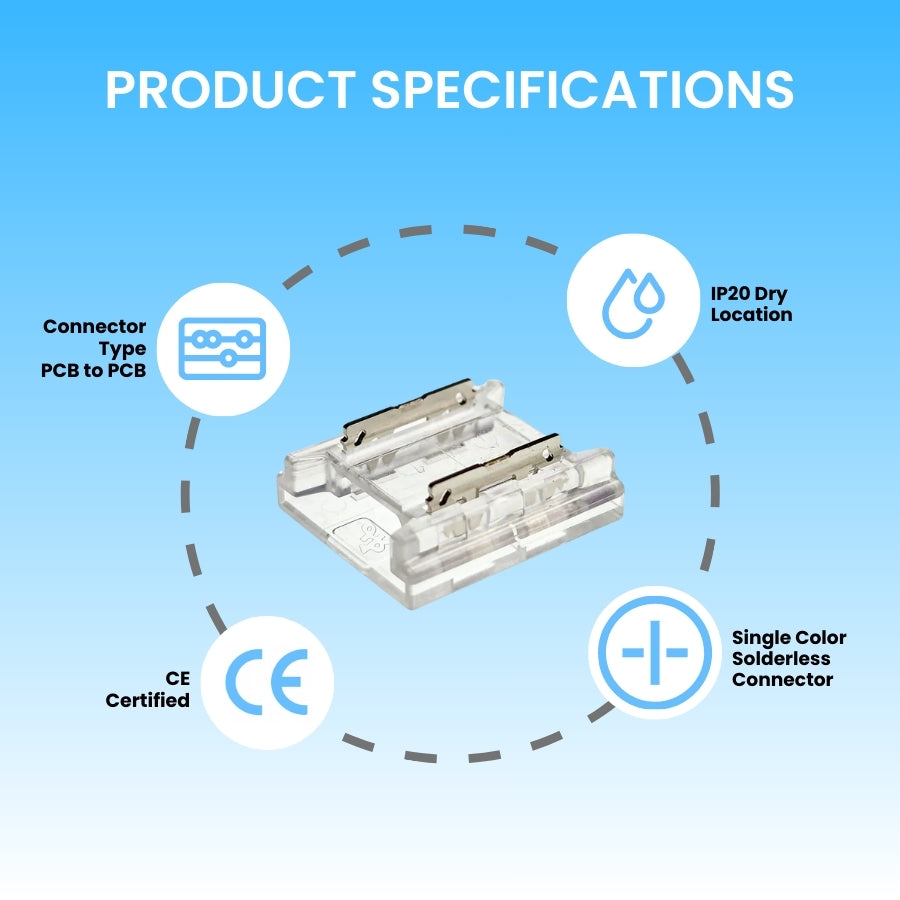 PCB-to-PCB 2-Pin Solderless Connectors for 10mm Single Color LED Strip Lights - CE Certified, IP20, 4A Rated, Easy Snap-On, Seamless End-to-End Connection