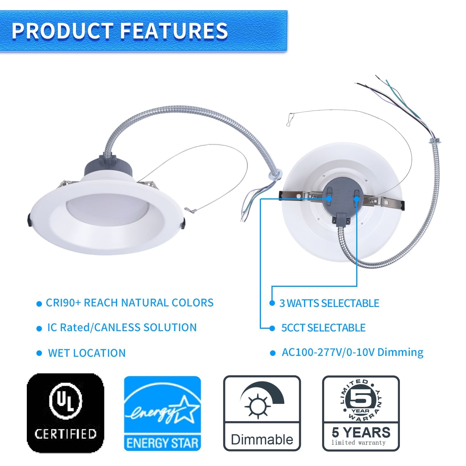 6 Inch Commercial Canless LED Downlight, Wattage Adjustable 10/15/22W, 0-10V Dimmable Recessed Ceiling Light Fixture, 5 CCT 2700K-5000K, 120-277V IC Rated UL & Energy Star