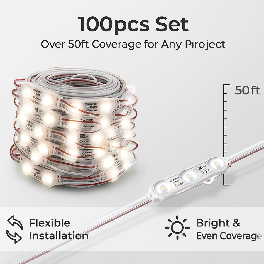 LED Modules SMD 2835 1.5W 100pcs Set - Red/Green/White, 390LM/Module, 110V/220V Direct Power, IP65 Waterproof, 130LM/W, CRI 90+, Dimmable, UL Certified, 50,000 Hrs, 3-Year Warranty, 48FT Length