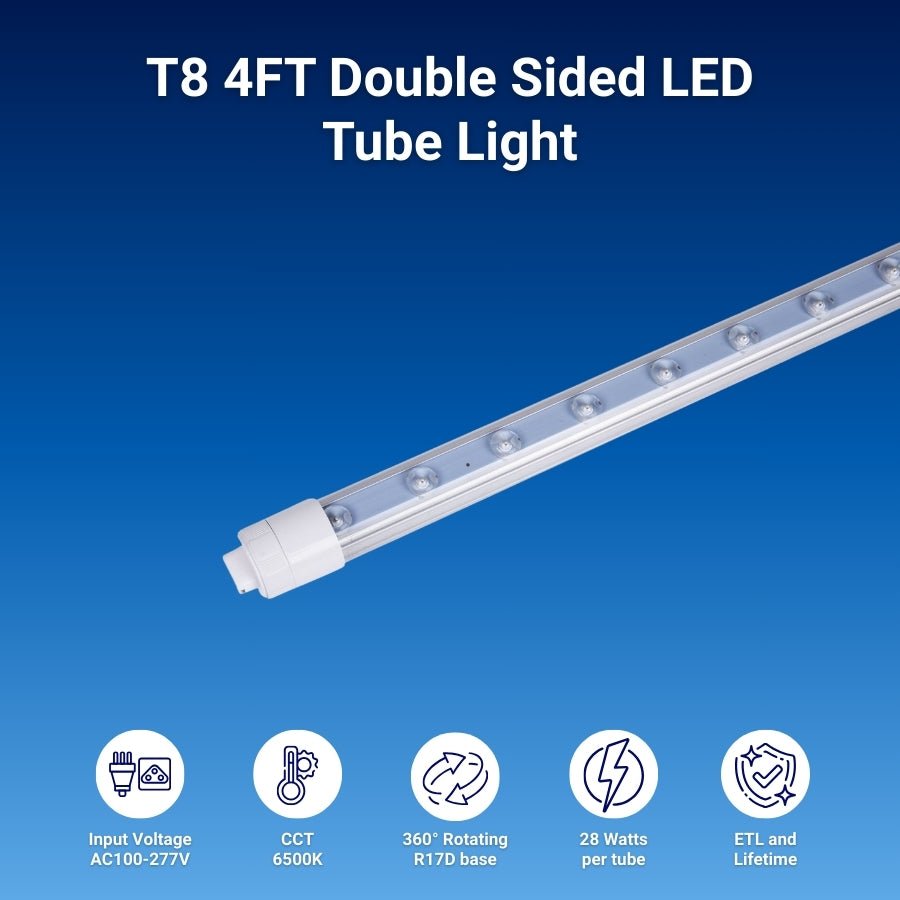 4ft LED Shop Lights, 28W T8 Double-Sided Tube, 6500K Cool White, R17D Rotatable Base, Ballast Bypass – Ideal for Commercial Signs and Indoor Lighting