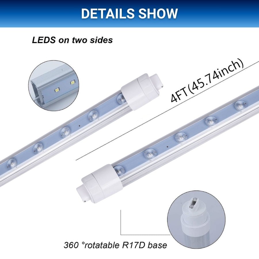 4ft LED Shop Lights, 28W T8 Double-Sided Tube, 6500K Cool White, R17D Rotatable Base, Ballast Bypass – Ideal for Commercial Signs and Indoor Lighting