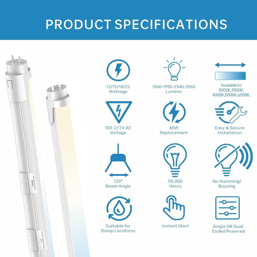 4FT T8 LED Tube Light, Type A+B, 12W/15W/18W/22W, 3000K |3500K| 4000K | 5000K | 6500K, Single And Double End Powered, Plug And Play Or Ballast Bypass, 2860 Lumens, F32T8, 120-277V, Frosted Cover, Pack Optional With Better Price.