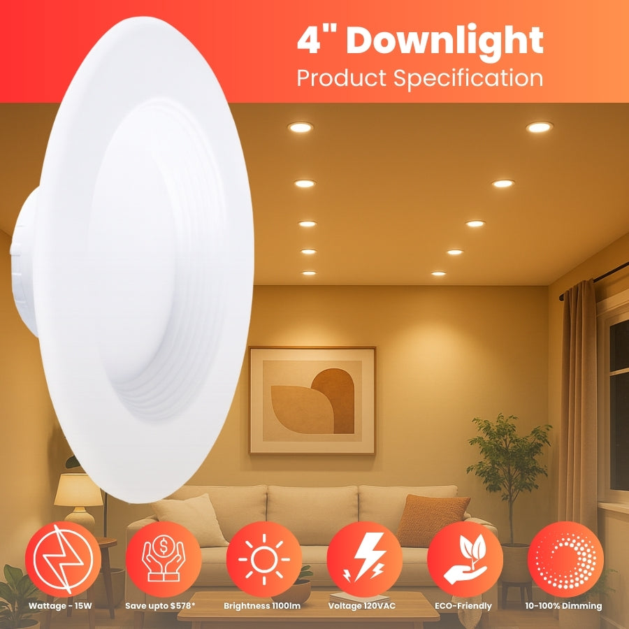 4" LED Recessed Retrofit Downlight, 10W (75W Equivalent), 650 Lumens, Dimmable, 90+ CRI, ETL & Energy Star Listed