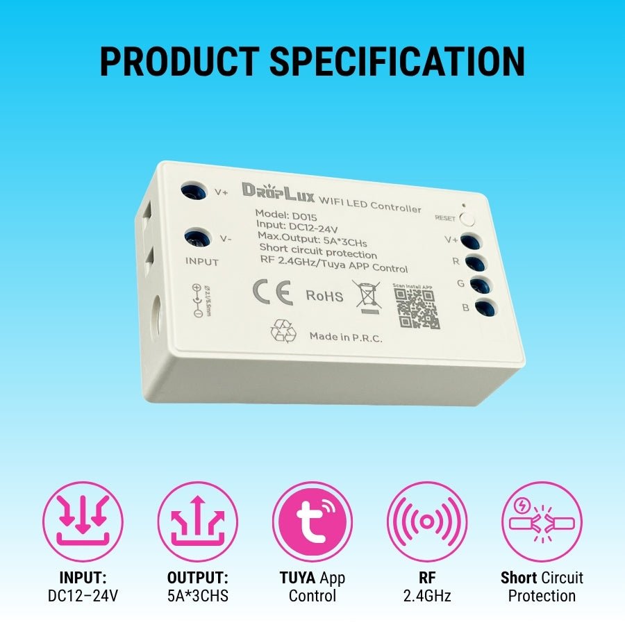 WiFi LED Controller D015/D016, 3-4CH 12-24V RGB/RGBW, 2.4GHz RF Remote, Tuya App, Alexa/Google Voice, 1024-Level PWM Dimmer, Short-Circuit Protected