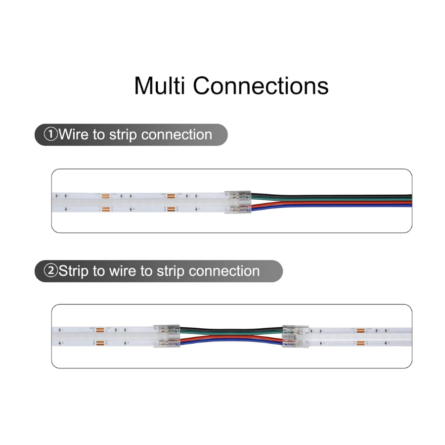 4PIN Transparent COB Connectors Kit for RGB COB LED Strip Lights - 10mm, Solderless Connection, 5pcs 15cm Wires