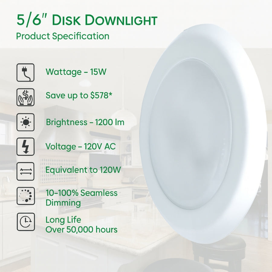 6" Flush Mount Retrofit Disk Downlight, 15W (120W Equivalent), 1200 Lumens, Dimmable, ETL & Energy Star Listed, 90+ CRI