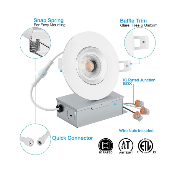 4 Inch LED Recessed Light, 5CCT Gimbal Trim, 12W 1080LM, Dimmable Eyeball Downlight with Junction Box, 360deg Rotatable, ETL Listed, 4 Pack - 2700K-5000K