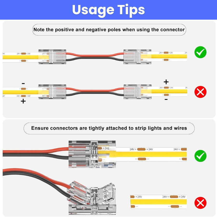 8mm Connectors for 2-Pin COB LED Strip, Strip-to-Wire Connectors,Solderless Extension Connectors for 5V/9V/12V/24V Single Color COB LED Strip Lights,for DIY Lighting Projects