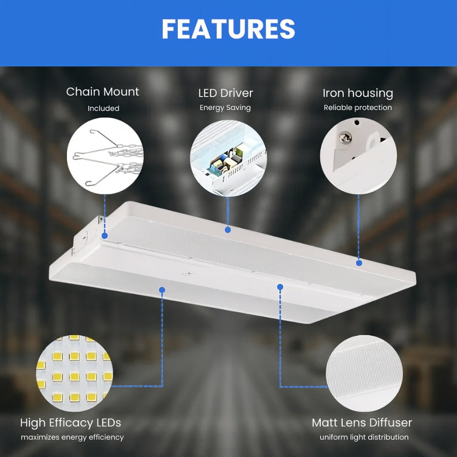 4FT LED Linear High Bay Light, 320W, 29,000 Lumens, 5000K Cool White, Frosted Lens, Chain Mount, Damp Rated IP20, 120-277V, UL/DLC Listed