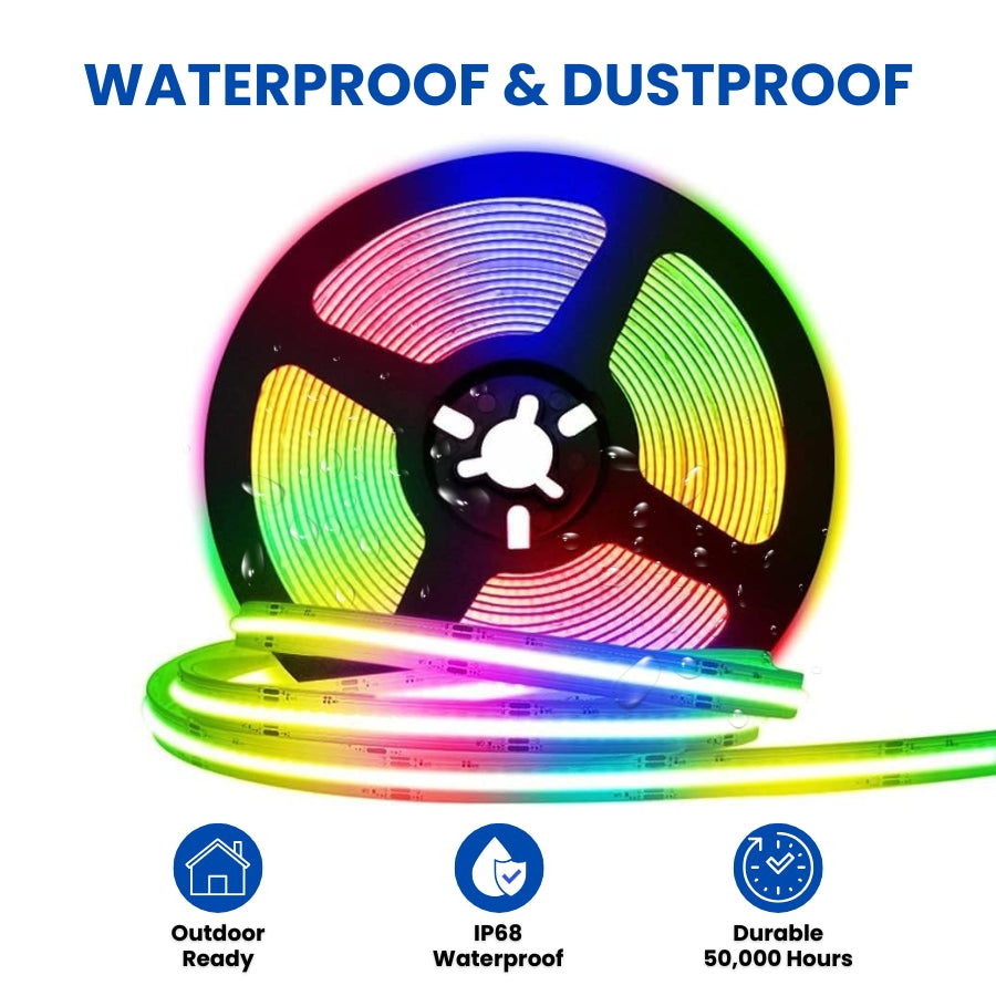 Waterproof RGB COB LED Strip Light 16.4FT (5M) 12V Dot-Free Seamless Glow, 840 LEDs/m, Color Changing, IP68 Outdoor/Indoor, UL Listed, 10mm, Dimmable, CRI 80+, 50,000 Hrs Lifespan