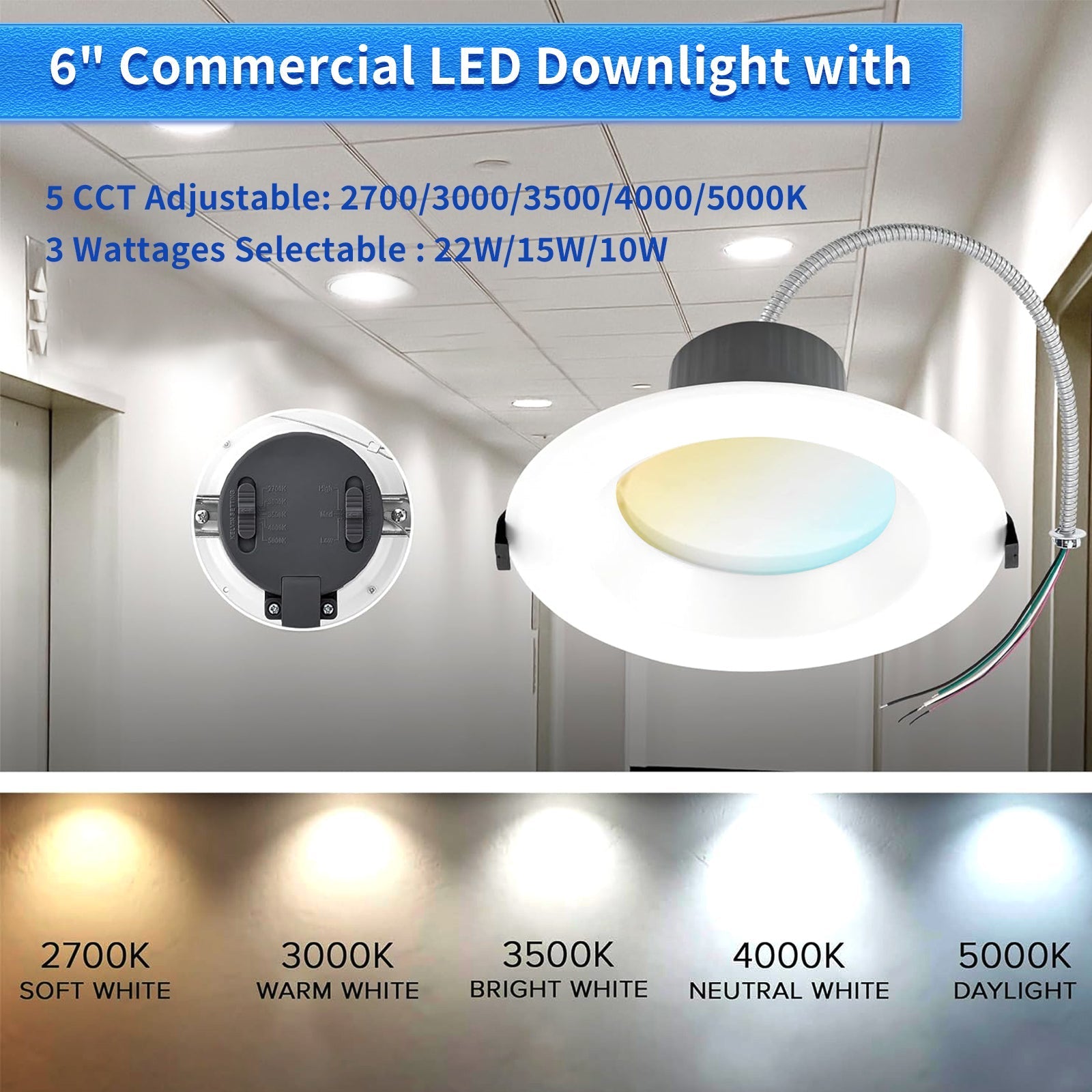 6 Inch Commercial Canless LED Downlight, Wattage Adjustable 10/15/22W, 0-10V Dimmable Recessed Ceiling Light Fixture, 5 CCT 2700K-5000K, 120-277V IC Rated UL & Energy Star