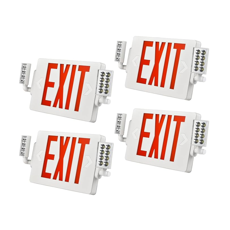 Double Sided LED Emergency EXIT Sign Combo, Two LED Lights, Backup Battery, US Standard Red Letter Emergency Exit Lighting, Commercial Grade, 120-277V, Fire Resistant (UL 94V-0)