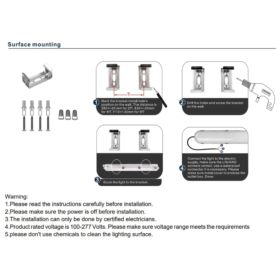 4FT LED Vapor Tight Light Fixtures 60W/50W/40W/30W Adjustable, 3K/3.5K/4K/5K/6.5K 5CCT Selectable, Dimmable IP65 Vapor Proof Lighting For Shop Light For Parking Carport Car Wash,ETL Listed